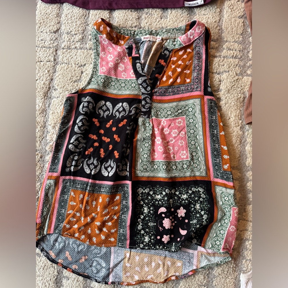 Rose & Thyme Patchwork Print Sleeveless Tank Top - Pink, Black, Orange & Green